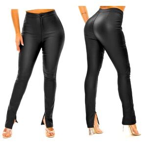 WAYRUNZ High Waist Stretch Faux Leather Pants PU Coated Split Hem Juniors Size 7